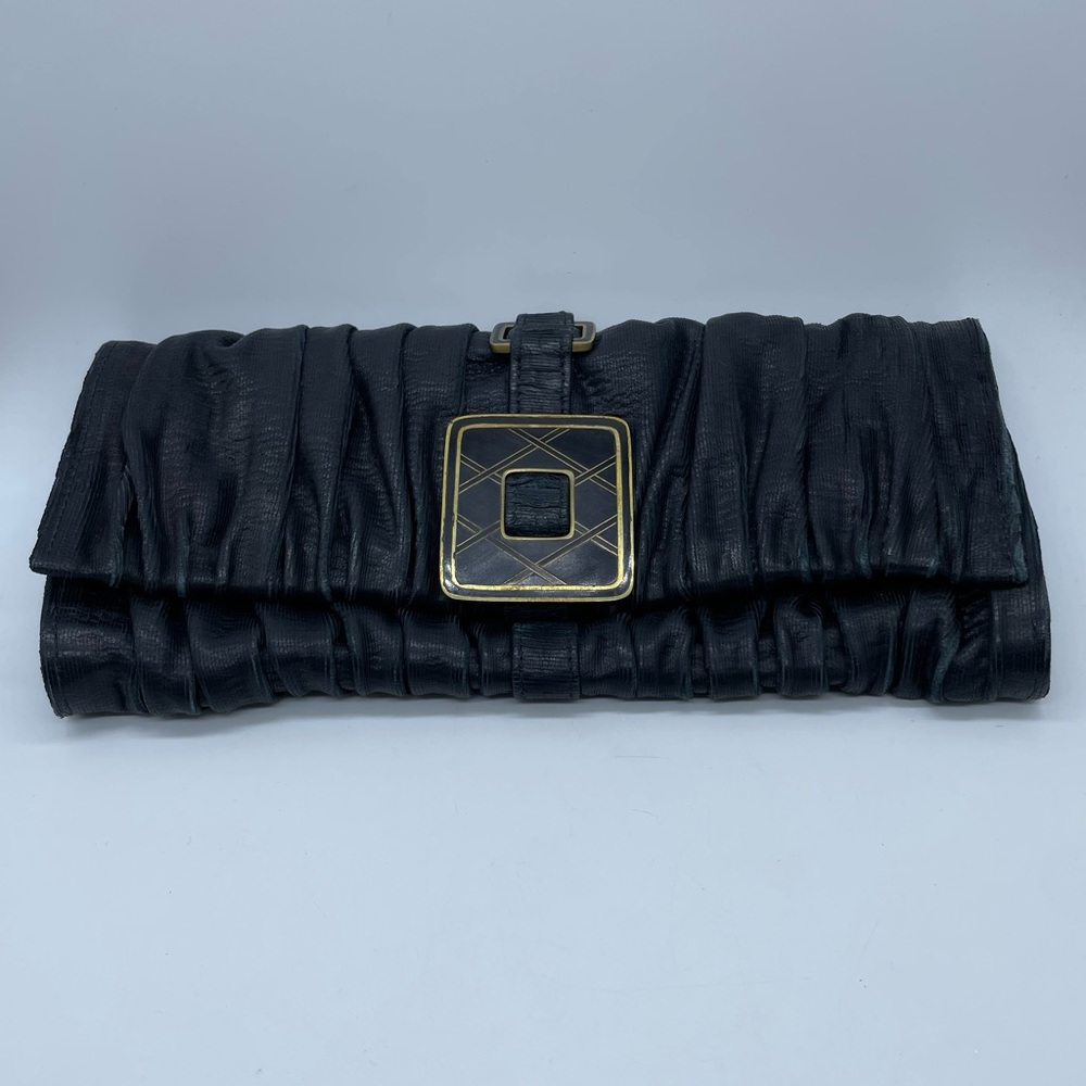 R&Y Agousti Black Leather Ruched Gathered Envelope Clutch Purse Art Deco